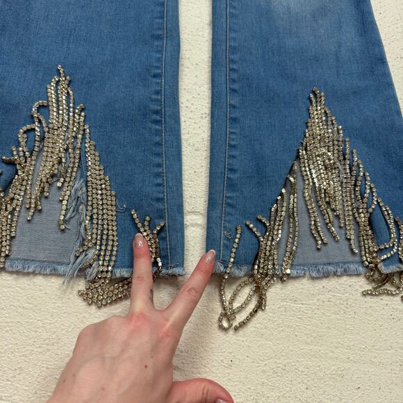 Rhinestone Fringe High Rise Flare Jeans Small Stretch Denim Blue - Picture 4 of 6
